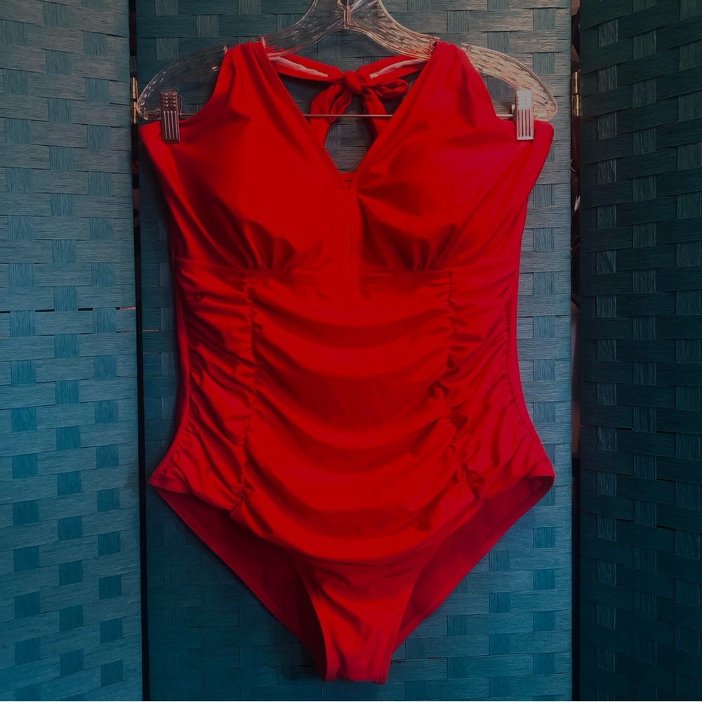 Retro Ruched Halter Tie One Piece Swimsuit Red
